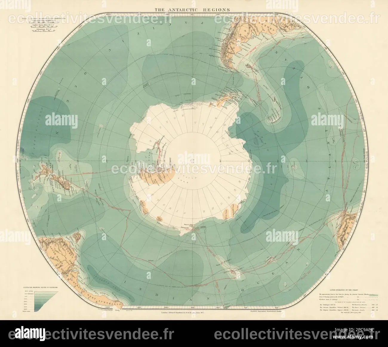 Régions antarctiques. Pôle Sud. Itinéraires de découverte et de Gauss ...