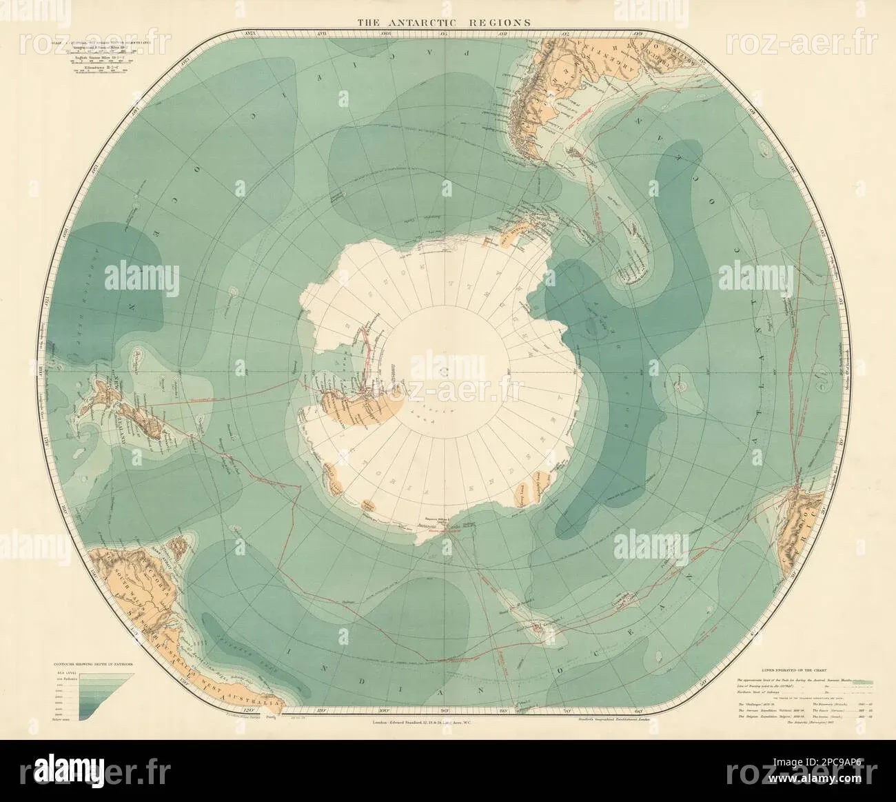 Régions antarctiques. Pôle Sud. Itinéraires de découverte et de Gauss ...