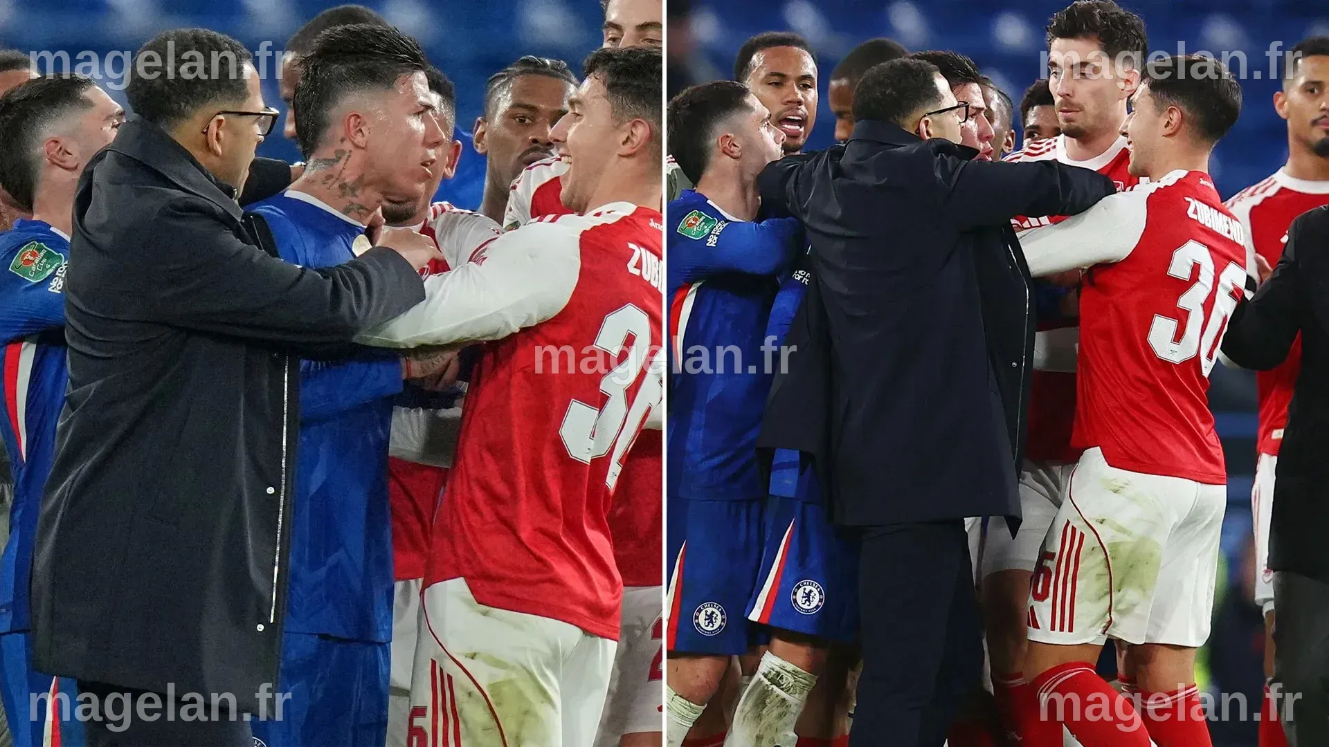 Liam Rosenior holds back Enzo Fernandez as Chelsea and Arsenal stars ...