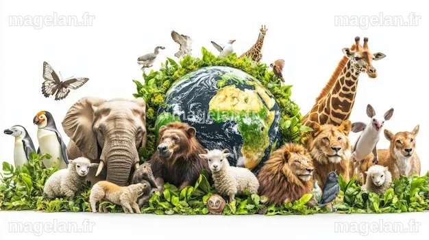Un groupe diversifié d'animaux entoure un globe qui symbolise l ...