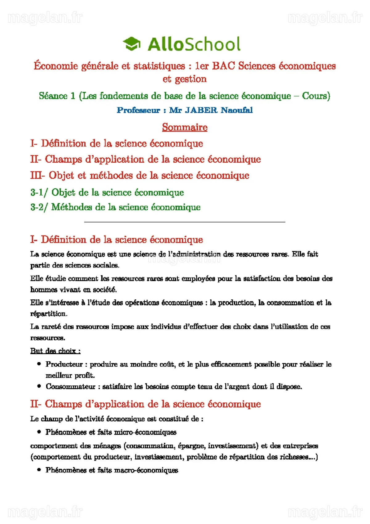 Séance 1 : Fondements de la Science Économique - 1er BAC Économie - Studocu