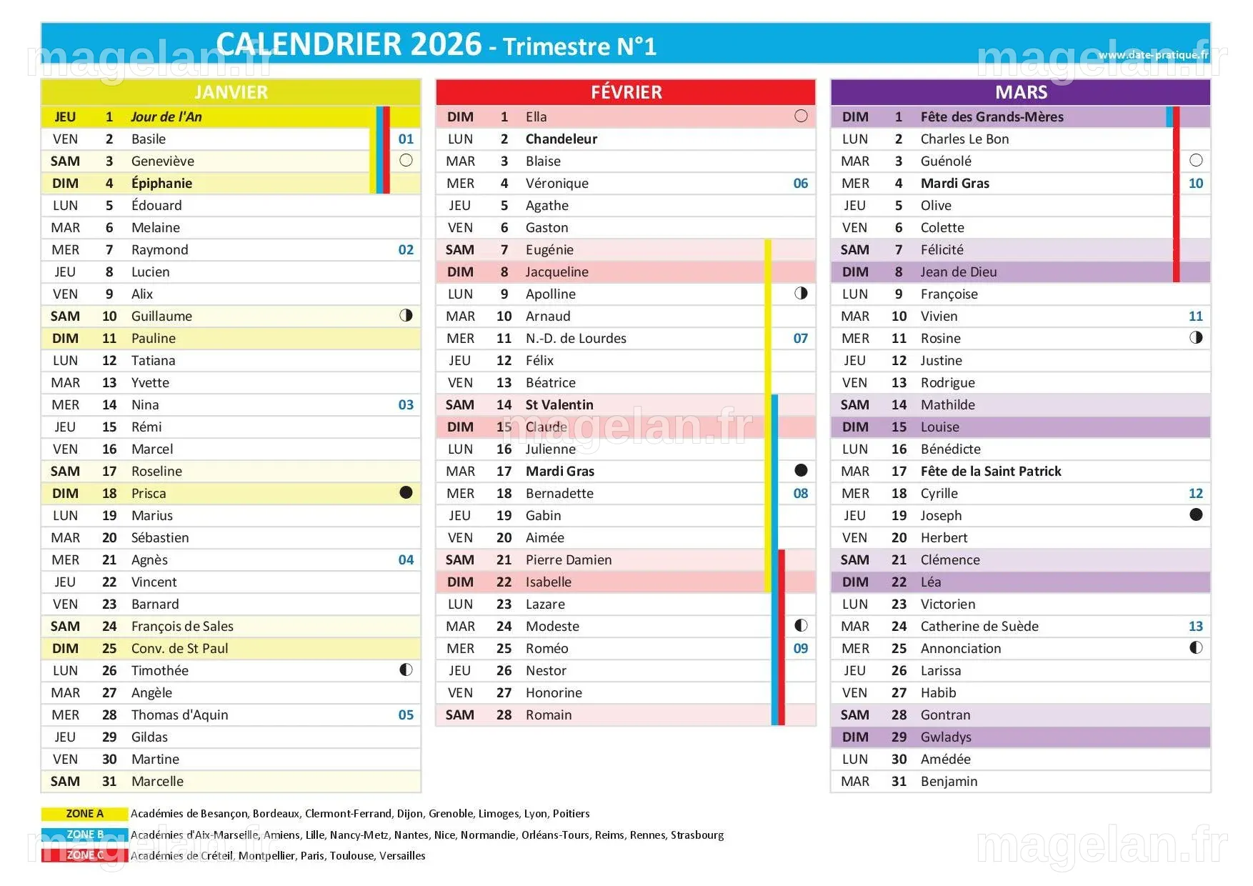 Calendrier trimestriel 2026 à consulter, télécharger en pdf et imprimer