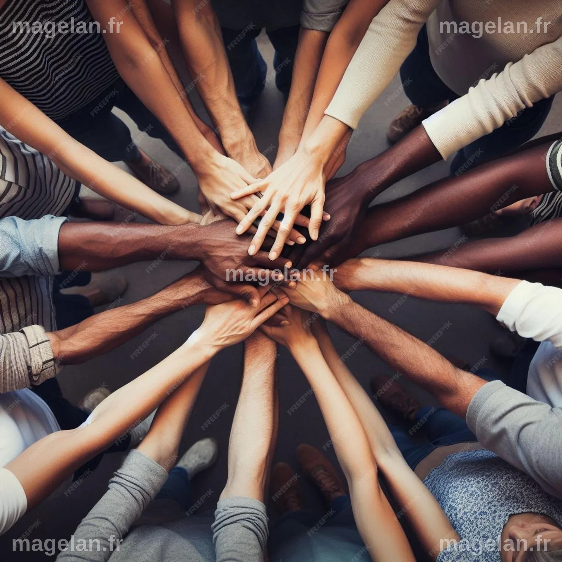 Groupe de personnes se tenant la main dans l'unité, symbolisant l ...