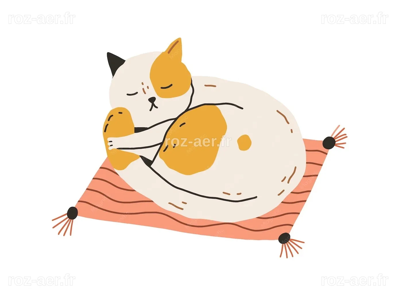 Süße müde Katze, die mit dem Schwanz in der Pfote auf dem Kissen ...